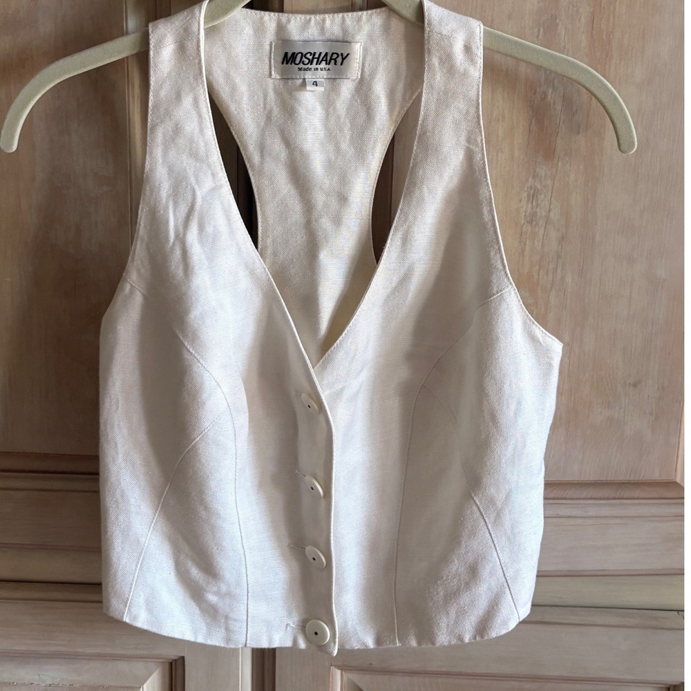 Moshary Button Front Vest Women 4 Cream Excellent Linen Racerback Cropped Top